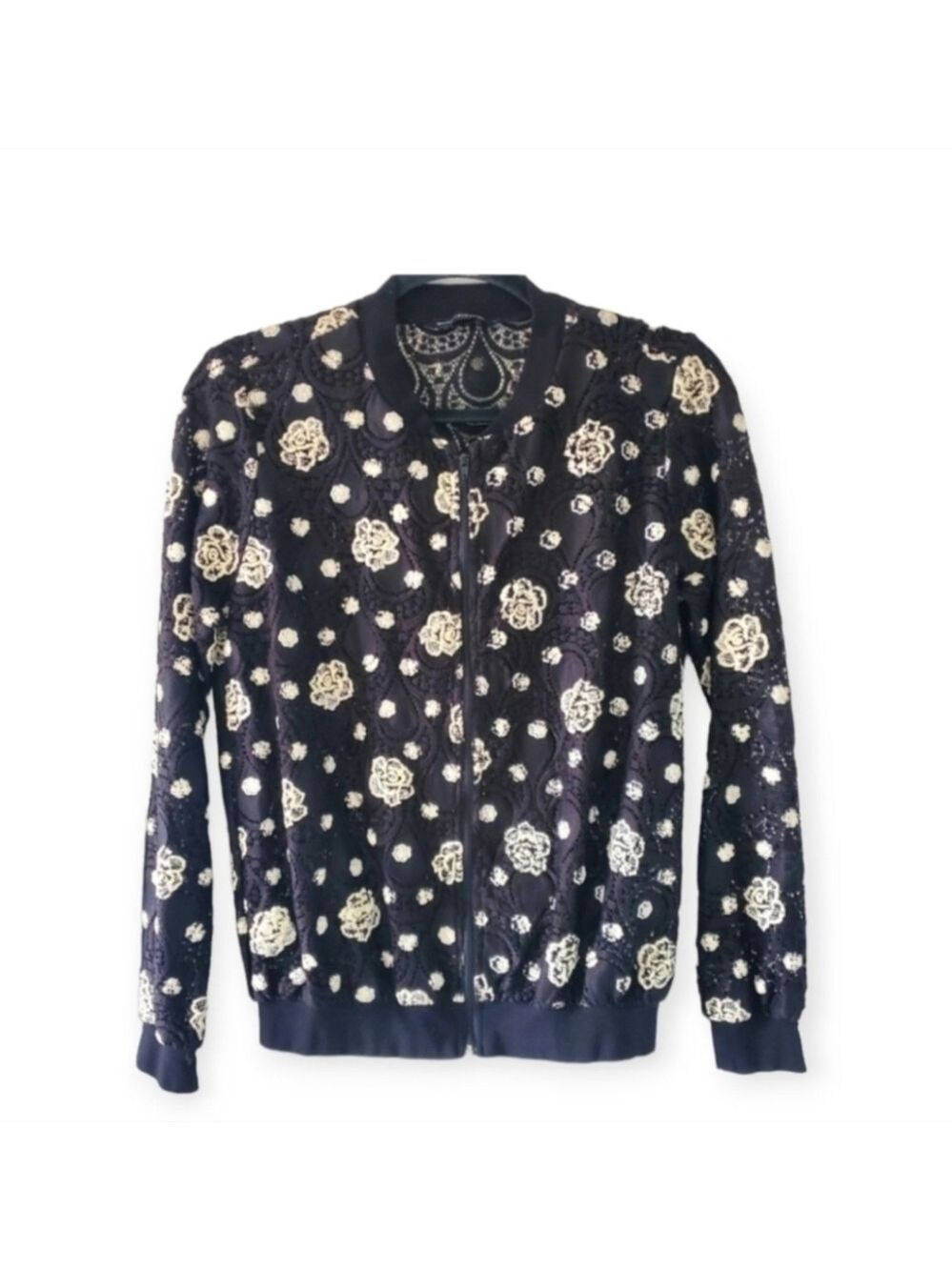 Mercer & Madison Floral Lace Bomber Jacket Black Small